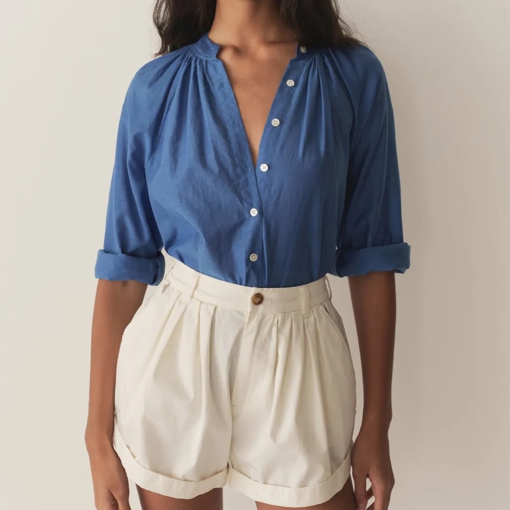 Doen Julienne Blue Button-Front Raglan Cotton-Silk Voile Blouse